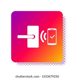 White Digital door lock with wireless technology for unlock icon isolated on white background. Door handle sign. Security smart home. Square color button. Vector Illustration