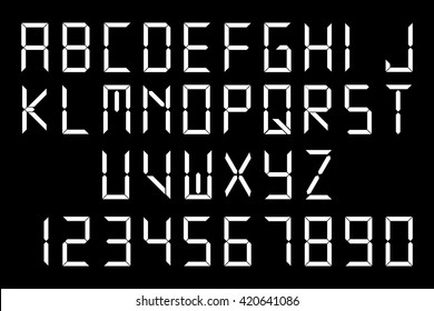 White digital font on black background