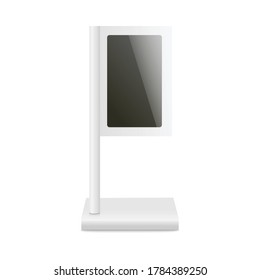 Modelación de la bandera del kiosco digital blanco con pantalla en blanco en negro - una plantilla interactiva realista para la presentación de carteles con espacio de copia. Ilustración vectorial de la señalización de marketing