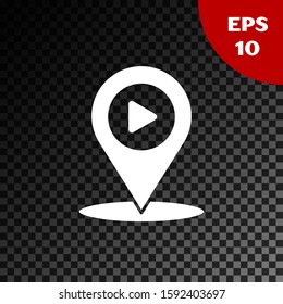 White Digital media play with pin location icon isolated on transparent dark background.  Vector Illustration