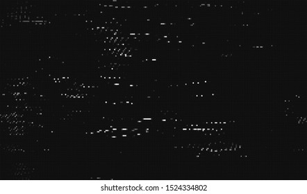 White digital noise on a dark background. Image of a broken computer monitor screen when playing encoded video. Vector illustration.