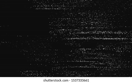 White digital noise on a dark background. The image of the TV screen with a technical malfunction of the surveillance camera. Distortion of the damaged video broadcast. Vector illustration.