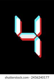 White digital number four with blue green and red flicker effect against black background. Illustration made March 11th, 2024, Zurich, Switzerland.