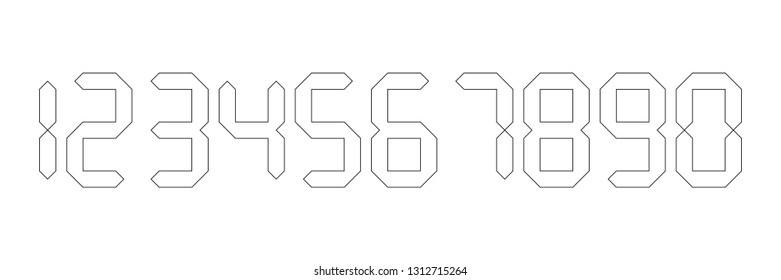 White digital numbers with black outline. Seven-segment display is used in calculators, digital clocks or electronic meters. Vector illustration.