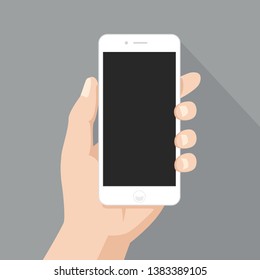 White digital smartphone with black empty screen in hand with shadow, modern flat design icon for interface elements app ui ux web graphic illustration vector eps 10 isolated on grey background