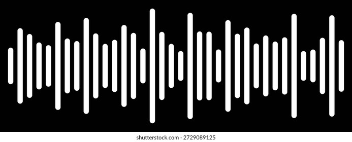 Ecualizador de onda de sonido digital blanco aislado en visualización del espectro de audio de fondo negro.