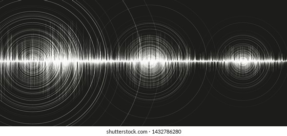 White Digital Sound Wave Low and Hight richter scale with Circle Vibration on Black Background,technology and earthquake wave  diagram concept,design for music studio and science,Vector Illustration.