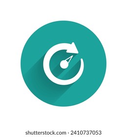 White Digital speed meter icon isolated with long shadow background. Global network high speed connection data rate technology. Green circle button. Vector