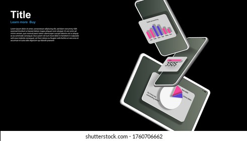 White digital tablet and two mobile phones in the air with elements of the financial application interface. Vector banner