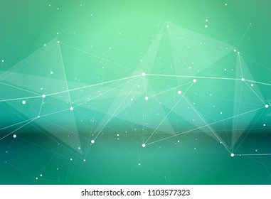 A White Digital Wave Of Dots, Lines And Triangles On A Cold Green Background As A High-tech Metaphor In Medicine, Science Or The Environment, Biotechnology, Health And Biometrics