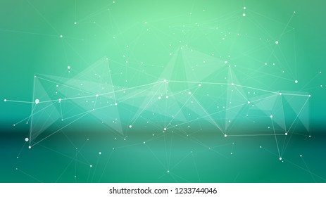 una ola digital blanca de puntos, líneas y triángulos sobre un fondo verde frío como metáfora de alta tecnología en medicina, ciencia o medio ambiente, biotecnología, salud y biometría