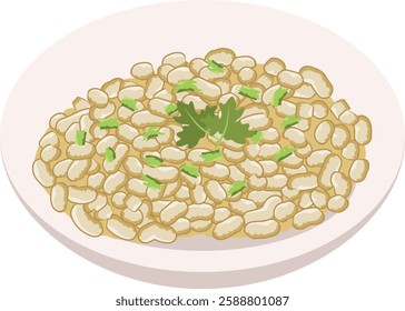 White dinner plate with risotto and parsley.