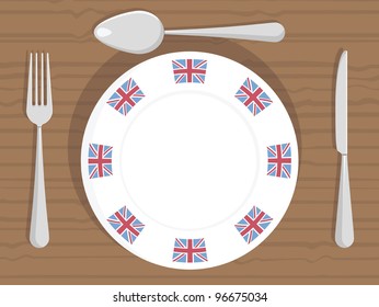 white dinner plate with union jack flag decorations and cutlery
