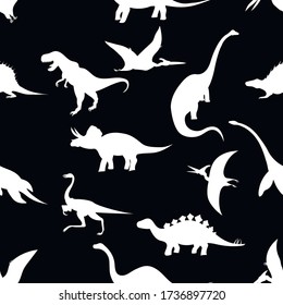 White dinosaurs silhouettes seamless pattern on black background, vector illustration