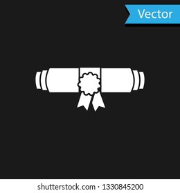White Diploma rolled scroll with stamp and ribbon icon isolated on black background. Paper scroll with wax seal. Graduation concept. Business certificate. Vector Illustration
