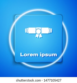 White Diploma rolled scroll with stamp and ribbon icon isolated on blue background. Paper scroll with wax seal. Business certificate. Blue square button. Vector Illustration