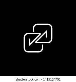White direction arrows for transfer, sync, migration data. traffic bridge or exchange concept. linear logo icon  design isolated on black background. Suitable for web landing page