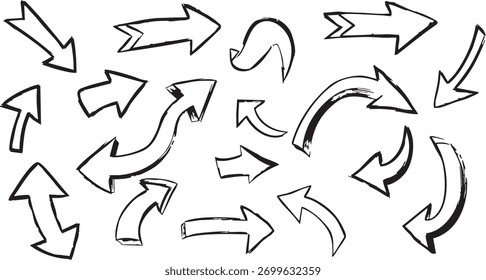 Ponteiros direcionais brancos esboçam símbolos de contorno indicadores de movimento rabiscam sinais.