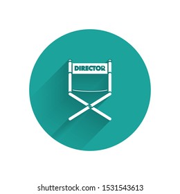 White Director movie chair icon isolated with long shadow. Film industry. Green circle button. Vector Illustration