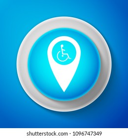 White Disabled Handicap in map pointer icon isolated on blue background. Invalid symbol. Circle blue button with white line. Vector Illustration