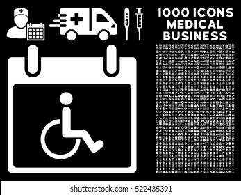 White Disabled Person Calendar Day vector icon with 1000 medical business pictograms. Set style is flat symbols, white color, black background.