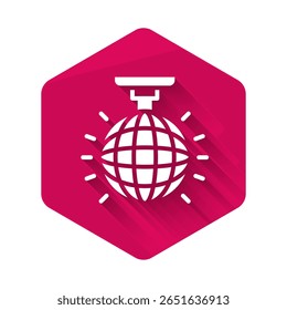 White Disco ball icon isolated with long shadow. Pink hexagon button. Vector