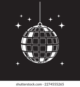 White disco ball with retro stars on a black background. 70s retro print for graphic tee.