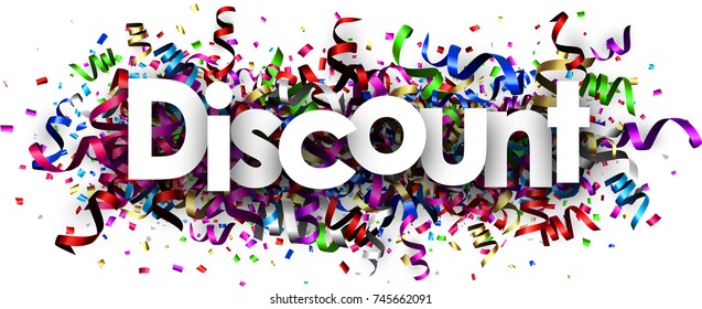 White discount banner with colorful paper serpentine. Vector illustration.