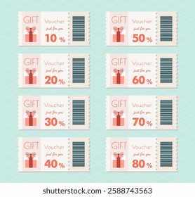 White discount coupon and gift box icons. 10% 20% 30% 40% 50% 60% discount coupon. Gift Voucher design with QR code. All layered and grouped. Vector.