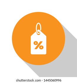 White Discount percent tag icon isolated on white background. Shopping tag sign. Special offer sign. Discount coupons symbol. Orange circle button. Vector Illustration