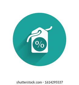 White Discount percent tag icon isolated with long shadow. Shopping tag sign. Special offer sign. Discount coupons symbol. Green circle button. Vector Illustration