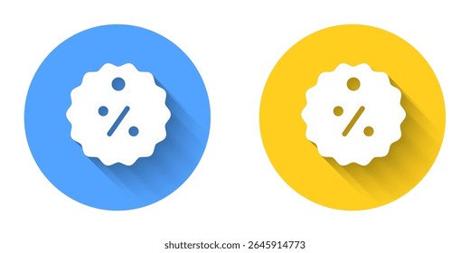 White Discount percent tag icon isolated with long shadow background. Shopping tag sign. Special offer sign. Discount coupons symbol. Circle button. Vector