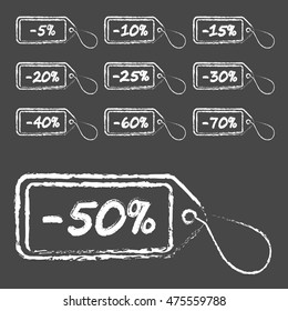 White discount percentage label set. Super sale stamp on grey background. Special offer sticker. Discount tag. Vector isolated illustration.
