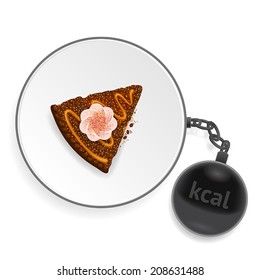 White dish with piece of delicious cake and dark heavy ball-shaped kettlebell
