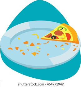 White dish with piece of pizza and leftovers, cheese, bacon, tomatoes, olive, crumbs on aquamarine background.