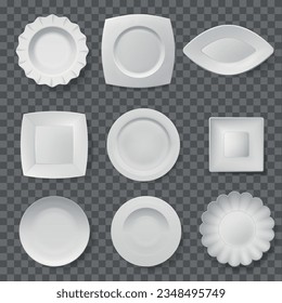 White dish plate different shape top view kitchen porcelain dishware isolated on transparent background set realistic vector illustration. Dining dishware square circle curved ornate for serving food