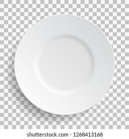 White dish plate isolated on transparent background. Kitchen dishes for food, kitchen, porcelain dishware. Vector illustration for your product, tableware design element.