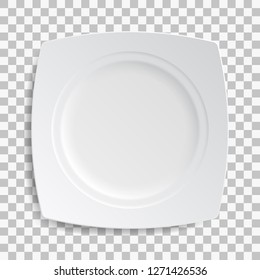 White dish plate isolated on transparent background. Kitchen dishes for food, kitchen, porcelain dishware. Vector illustration for your product, tableware design element.