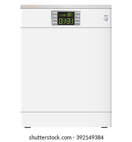 White Dishwasher with display. Front view. Realistically. Single. Isolate on white background. Vector Image.