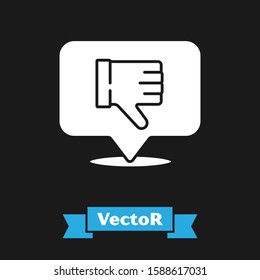 White Dislike in speech bubble icon isolated on black background.  Vector Illustration