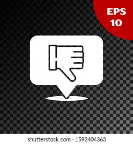 White Dislike in speech bubble icon isolated on transparent dark background.  Vector Illustration