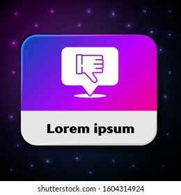 White Dislike in speech bubble icon isolated on black background. Rectangle color button. Vector Illustration