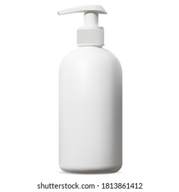 White dispenser bottle. Cosmetic packaging with pump for shampoo, shave foam or body shower gel. Isolated hand disinfectant template illustration. Liquid soap container mockup for sanitary