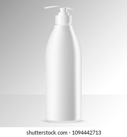 White dispenser bottle. EPS Vector illustration mockup. Pump can for cream, shampoo, soap and other liquid. 3d blank for your commercial design use.