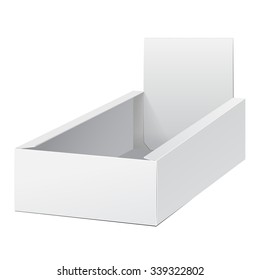 White Display Holder Box POS POI Cardboard Blank Empty. Products On White Background Isolated. Ready For Your Design. Mockup Product Packing. Vector EPS10 