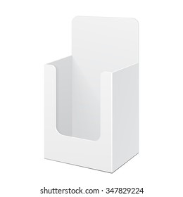 White Display Holder Box POS POI Cardboard Blank Empty. Products On White Background Isolated. Ready For Your Design. Mockup Product Packing. Vector EPS10 