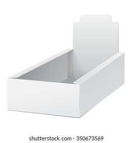 White Display Holder Box POS POI Cardboard Blank Empty. Products On White Background Isolated. Ready For Your Design. Mockup Product Packing. Vector EPS10 