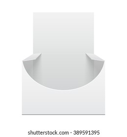 White Display Holder Box POS POI Cardboard Blank Empty, Front View. Products On White Background Isolated. Ready For Your Design. Mockup, Mock Up, Template. Product Packing. Vector EPS10
