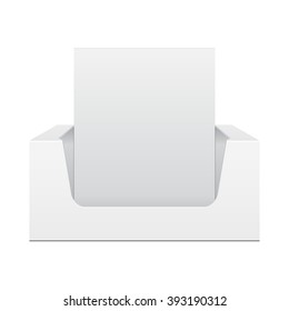 White Display Holder Box POS POI Cardboard Blank Empty, Front View. Products On White Background Isolated. Ready For Your Design. Mockup, Mock Up, Template. Product Packing. Vector EPS10