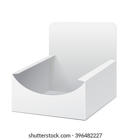 White Display Holder Box POS POI Cardboard Blank Empty. Mockup, Mock Up, Template. Products On White Background Isolated. Ready For Your Design. Mockup Product Packing. Vector EPS10